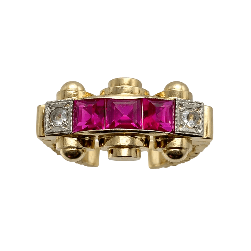 Bague Tank en or jaune, platine, rubis et diamants - Castafiore