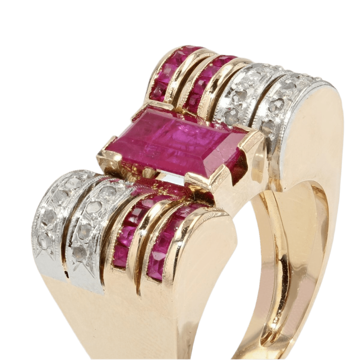 Bague Tank en or jaune, platine, rubis et diamants - Castafiore