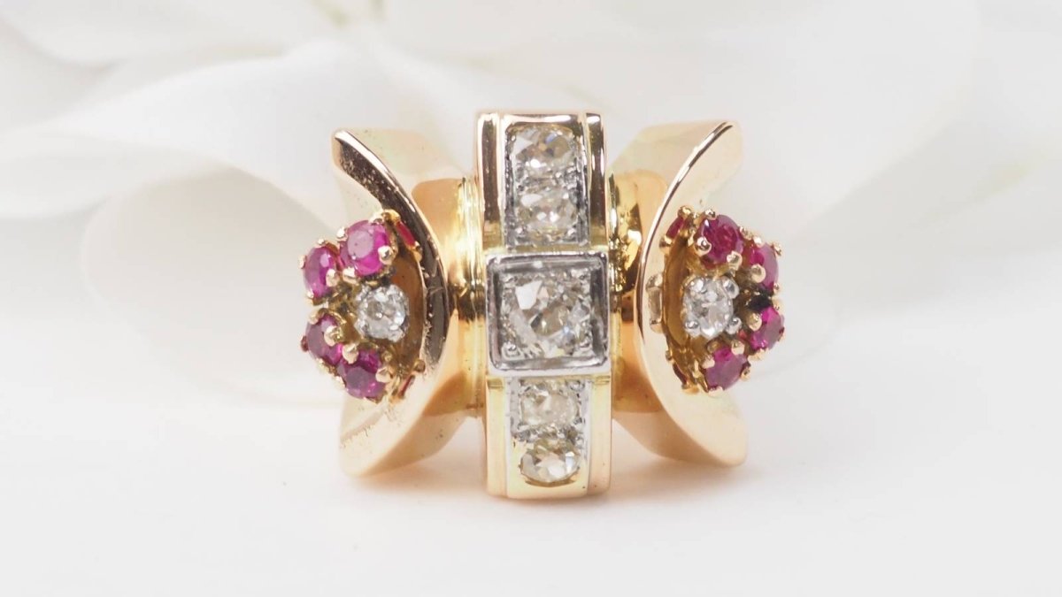 Bague Tank en or jaune, rubis et diamants - Castafiore