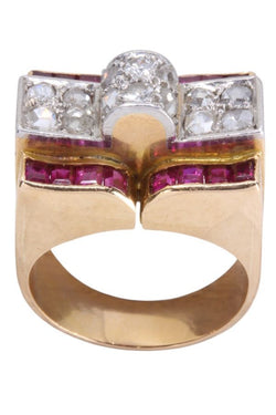 Bague Tank en or jaune, rubis et diamants - Castafiore
