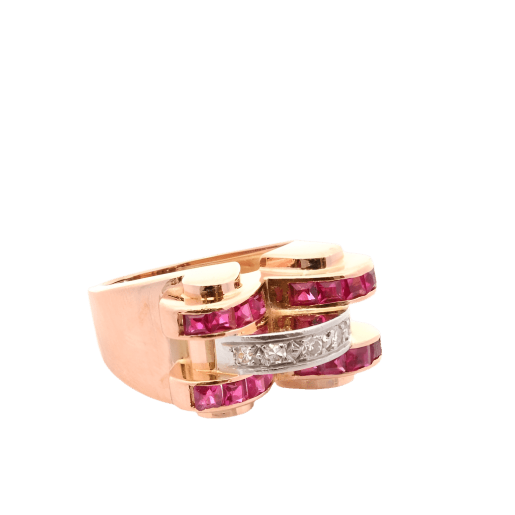 Bague Tank en or jaune, rubis et diamants - Castafiore