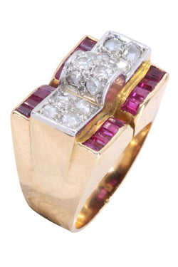 Bague Tank en or jaune, rubis et diamants - Castafiore