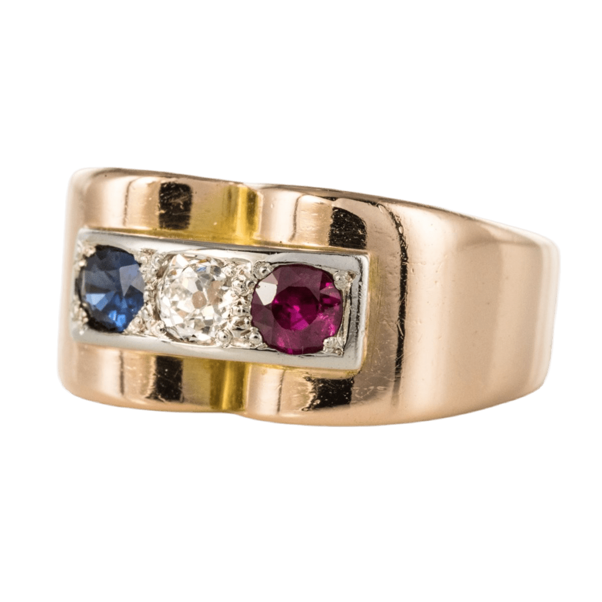 Bague Tank en or jaune, saphir, rubis et diamant - Castafiore