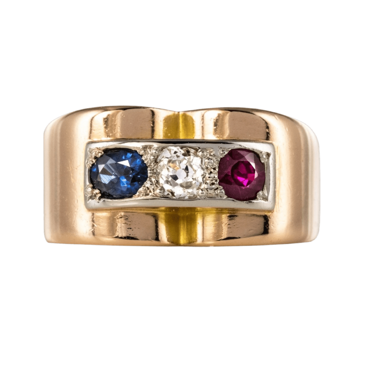 Bague Tank en or jaune, saphir, rubis et diamant - Castafiore