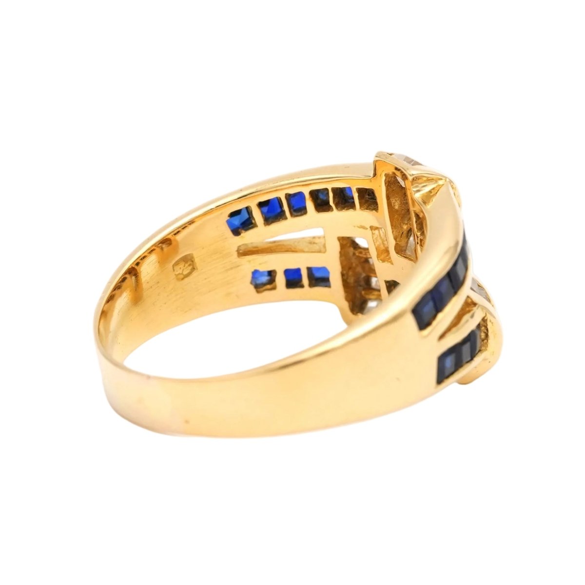 Bague Tank en or jaune, zirconiums et saphirs - Castafiore
