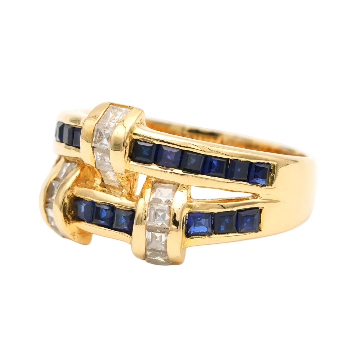 Bague Tank en or jaune, zirconiums et saphirs - Castafiore