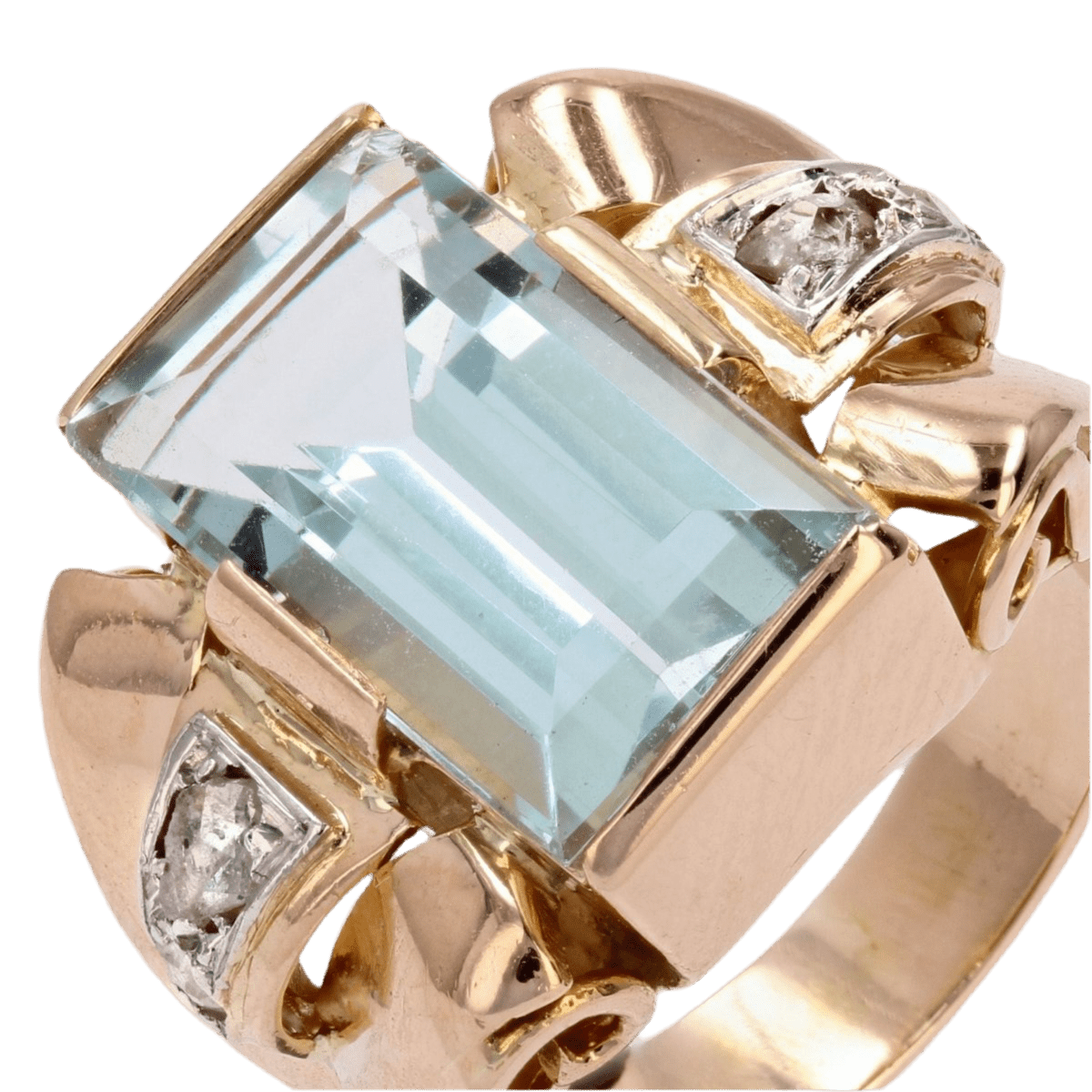 Bague Tank en or rose, aigue - marine et diamants - Castafiore