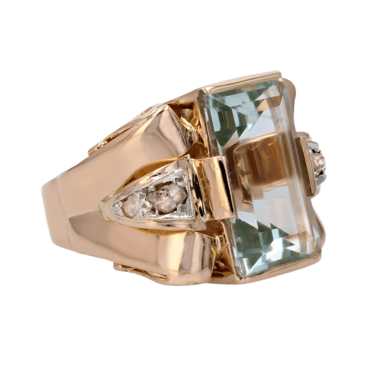 Bague Tank en or rose, aigue - marine et diamants - Castafiore