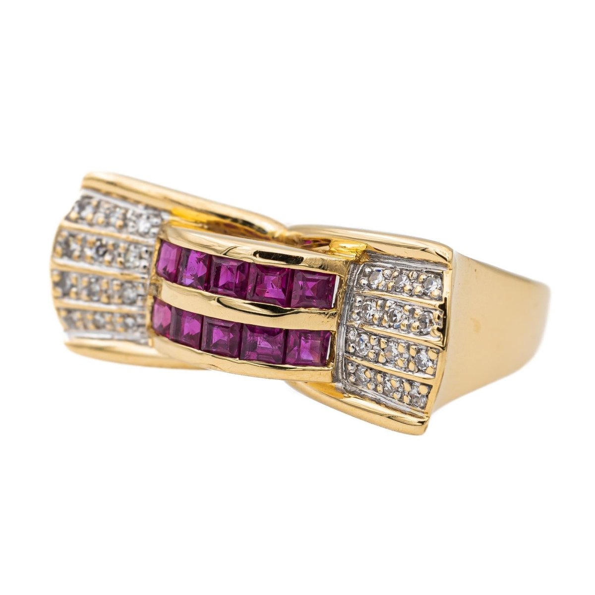 Bague Tank en or rose, or jaune, rubis et diamants - Castafiore