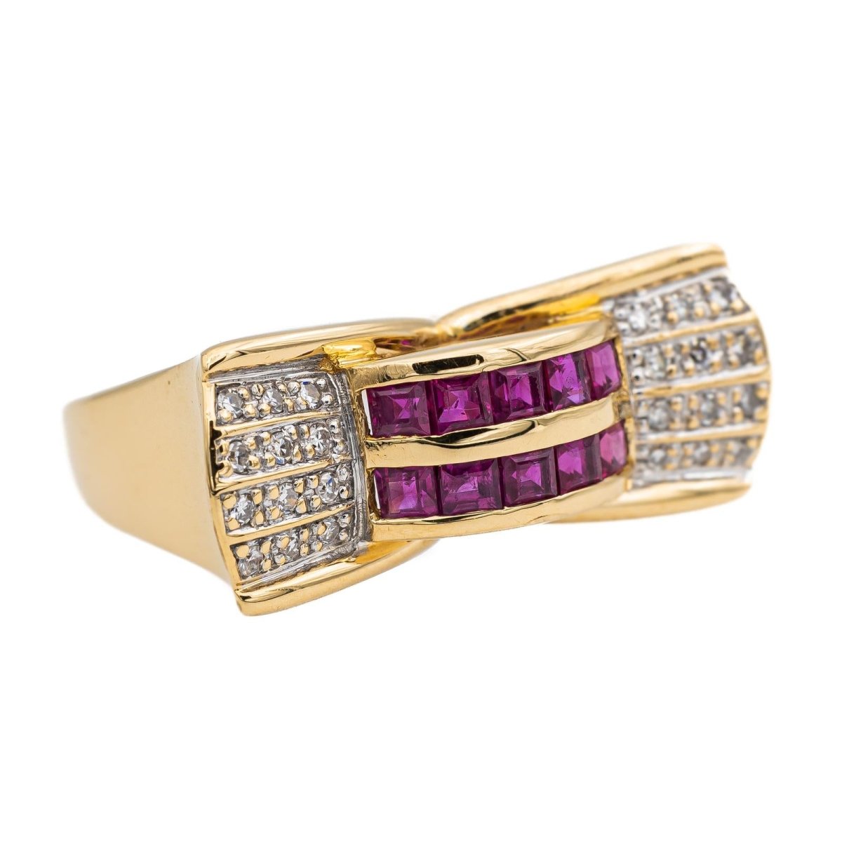 Bague Tank en or rose, or jaune, rubis et diamants - Castafiore