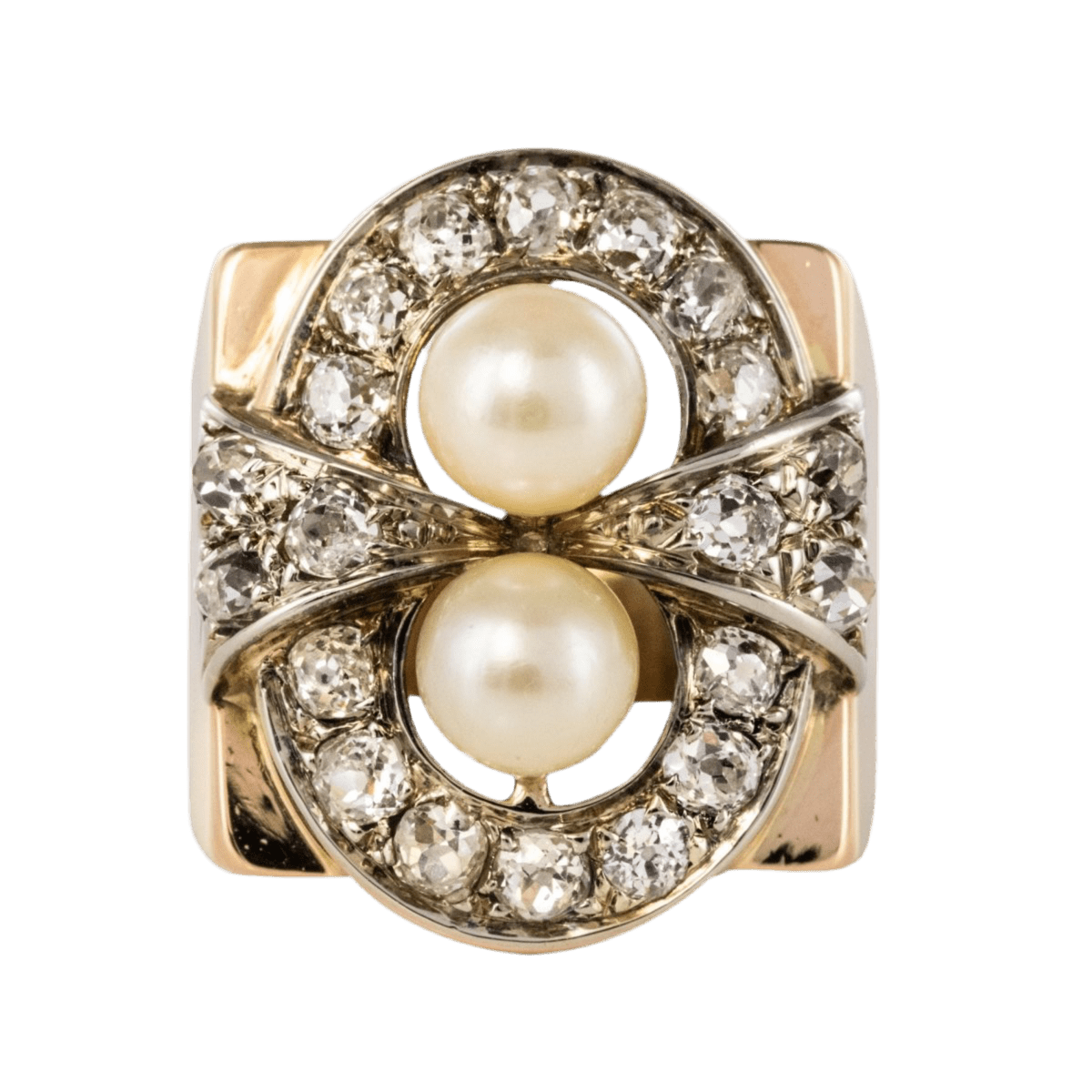 Bague Tank en or rose, platine, perles et diamants - Castafiore