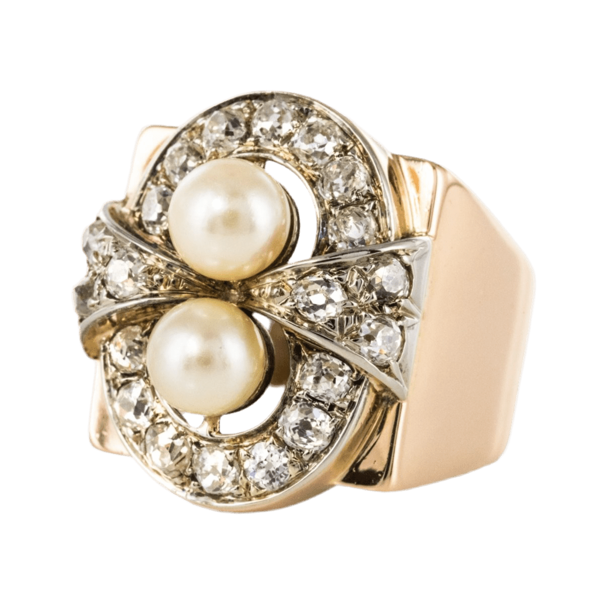 Bague Tank en or rose, platine, perles et diamants - Castafiore