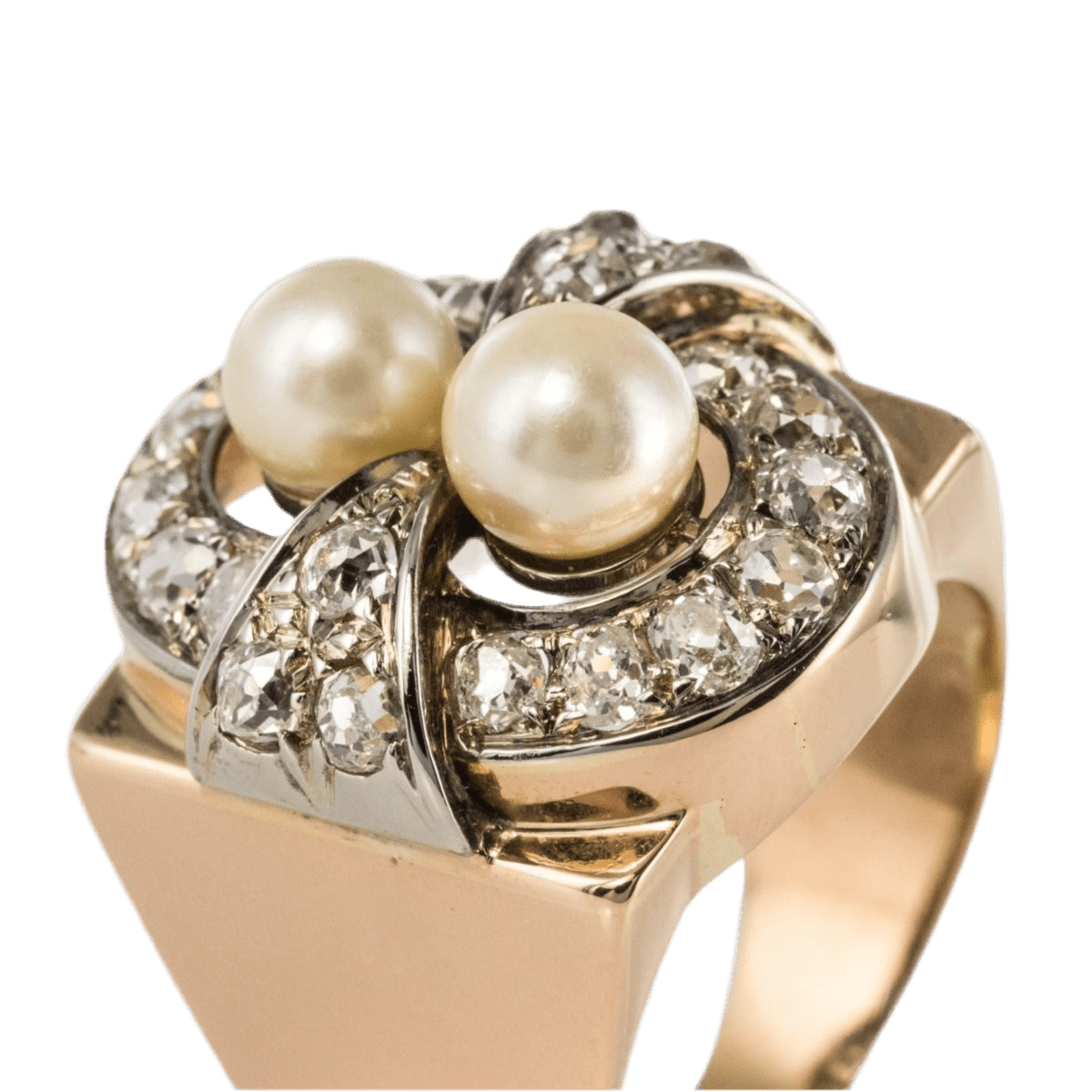 Bague Tank en or rose, platine, perles et diamants - Castafiore