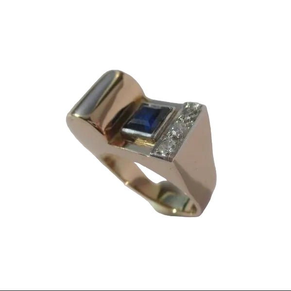 Bague Tank en or rose, platine, saphir, et diamants - Castafiore