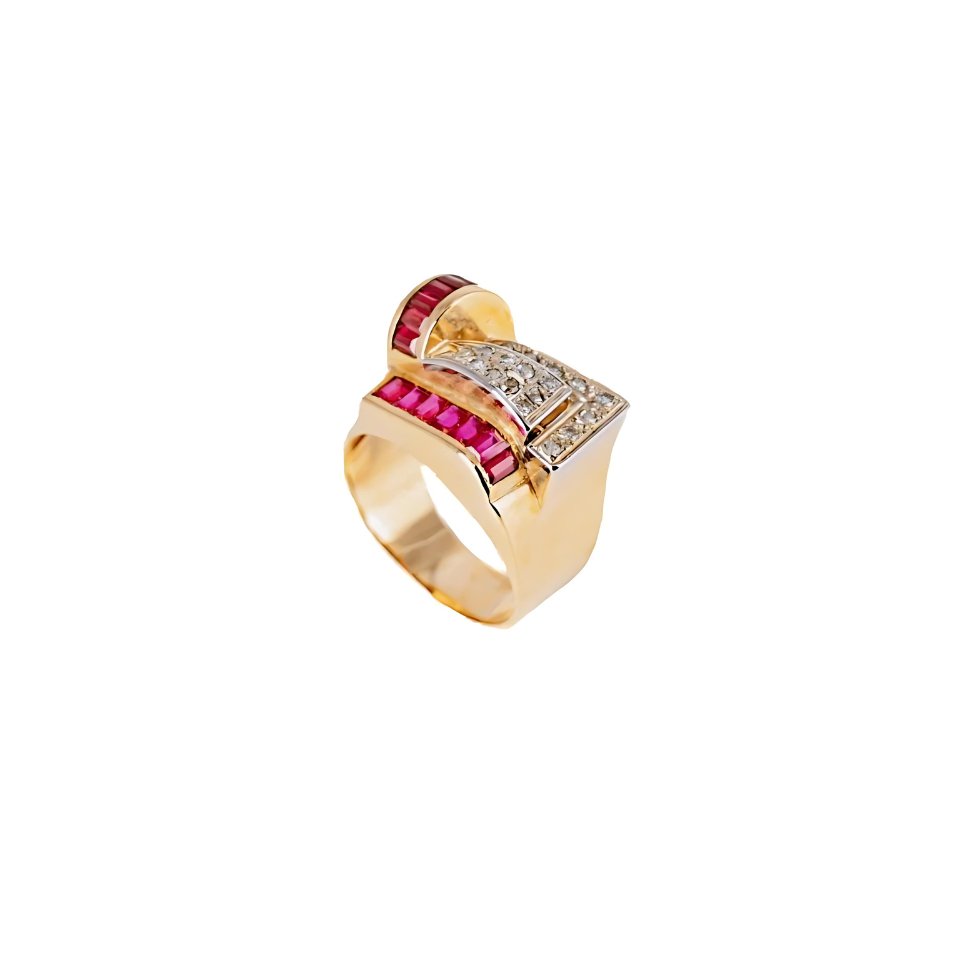 Bague Tank en or rose, rubis et diamants - Castafiore