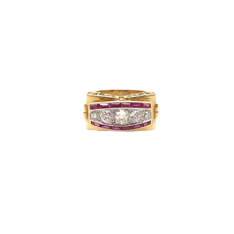 Bague tank époque 40 diamants et rubis - Castafiore