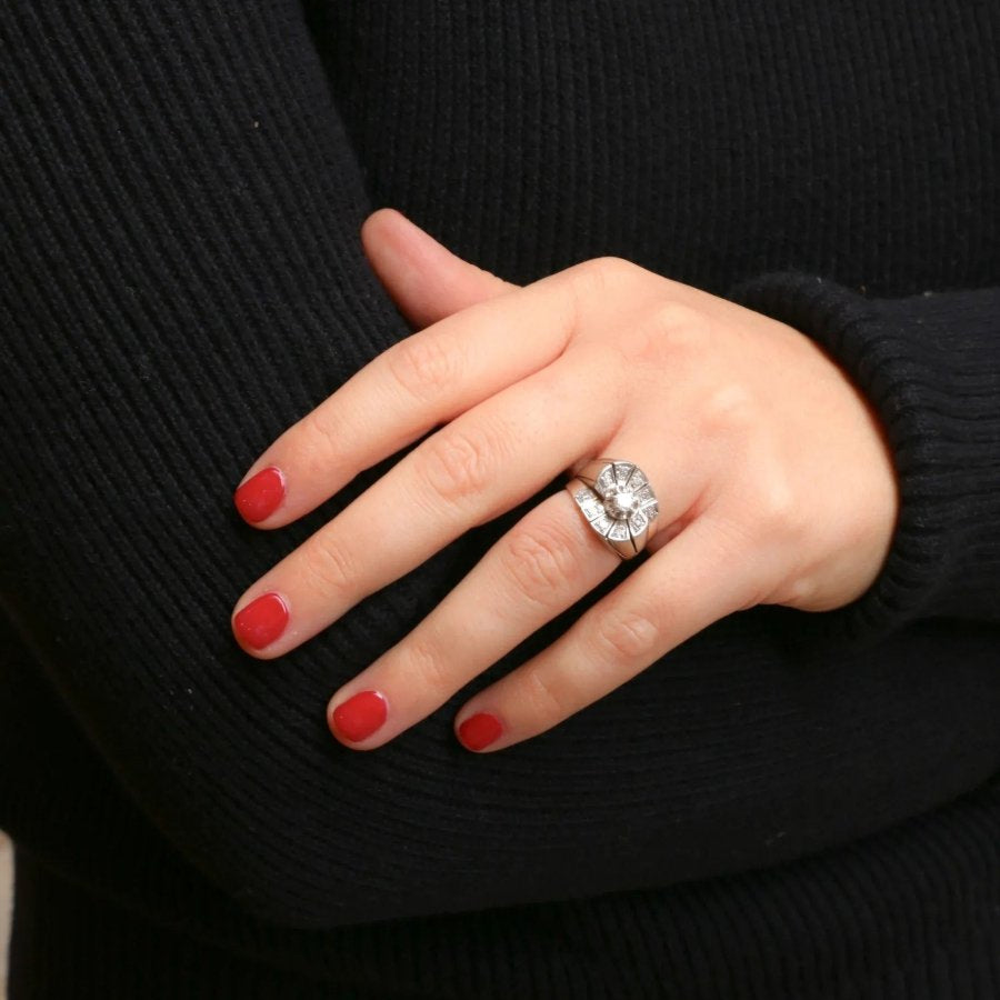 Bague tank or blanc diamants taille ancienne - Castafiore