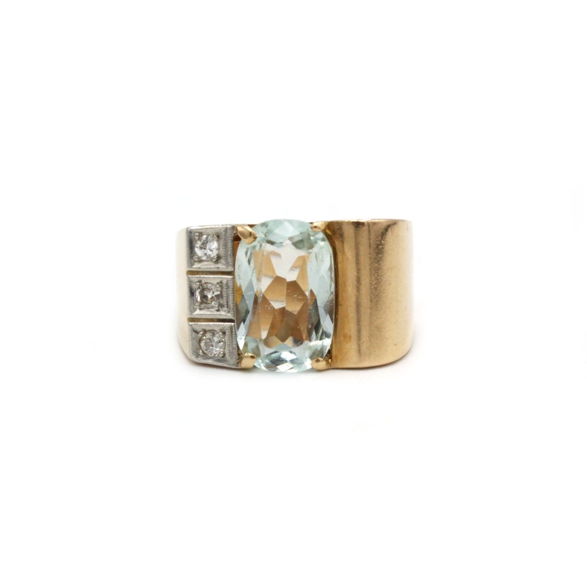 Bague Tank - Or jaune, Platine, Aigue - Marine et Diamants - Castafiore