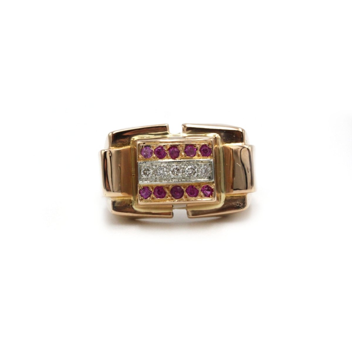 Bague Tank - Or rose, Diamants & Rubis - Castafiore