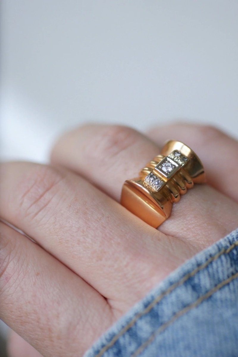 Bague Tank or rose, platine et diamants - Castafiore