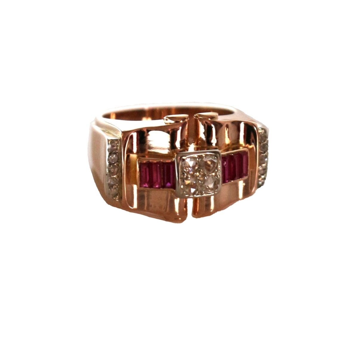 Bague Tank Pont en or rose avec rubis et diamants - Castafiore