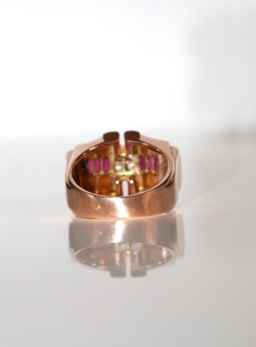 Bague Tank Pont en or rose avec rubis et diamants - Castafiore