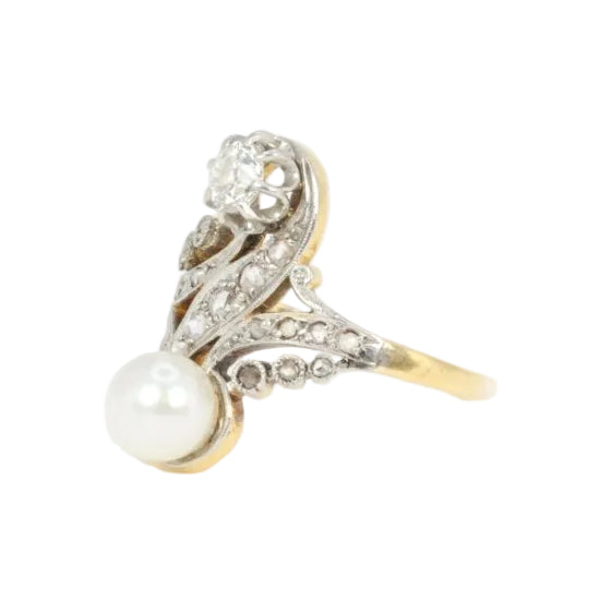 Bague toi et moi Belle - Epoque en or blanc, diamants et perle - Castafiore