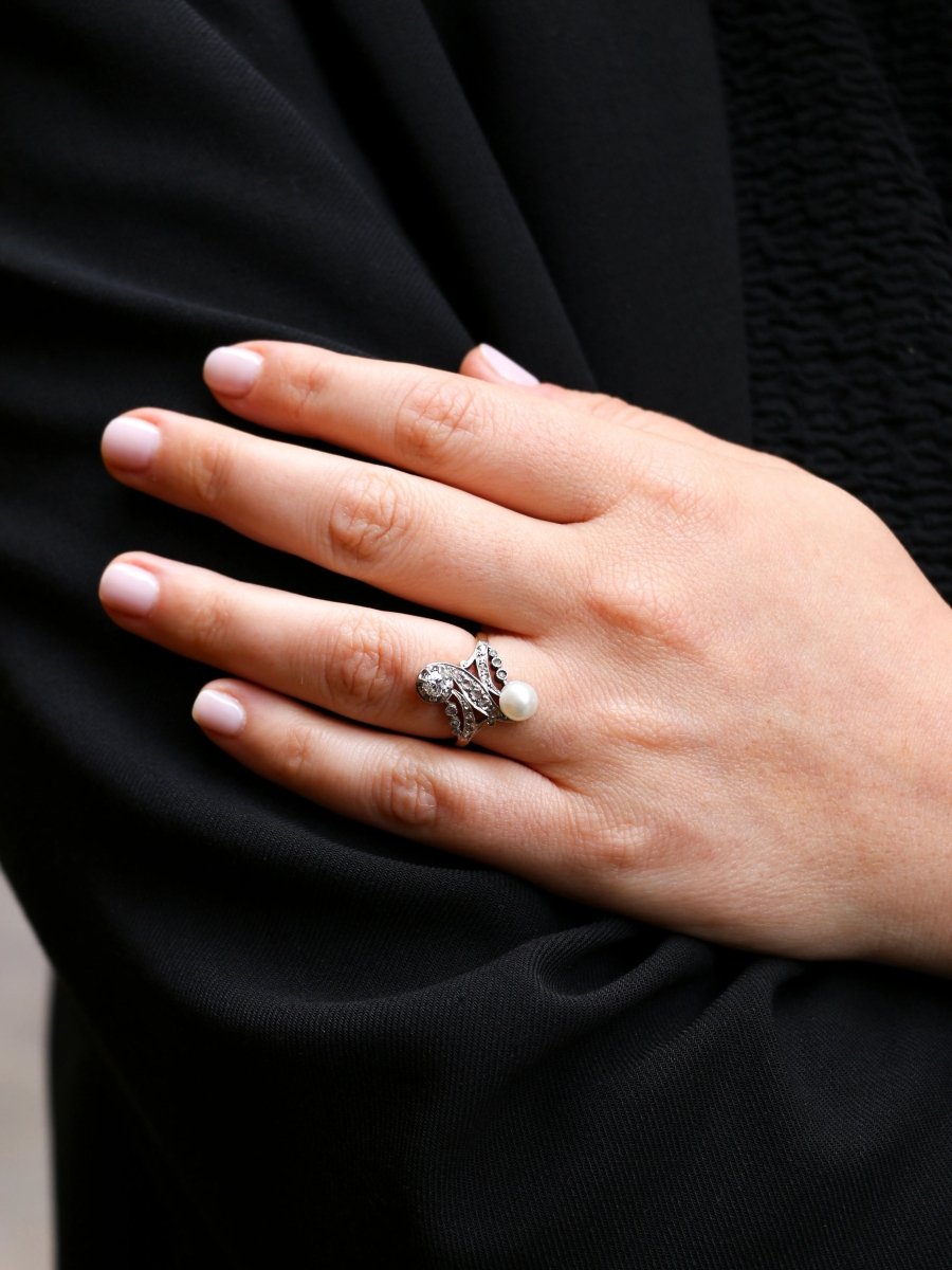 Bague toi et moi Belle - Epoque en or blanc, diamants et perle - Castafiore