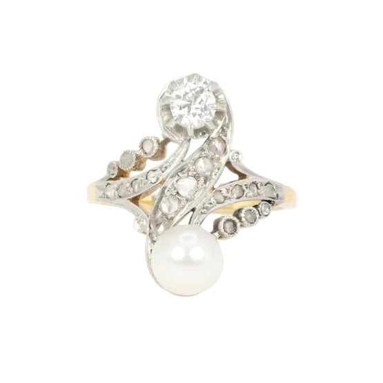 Bague toi et moi Belle - Epoque en or blanc, diamants et perle - Castafiore