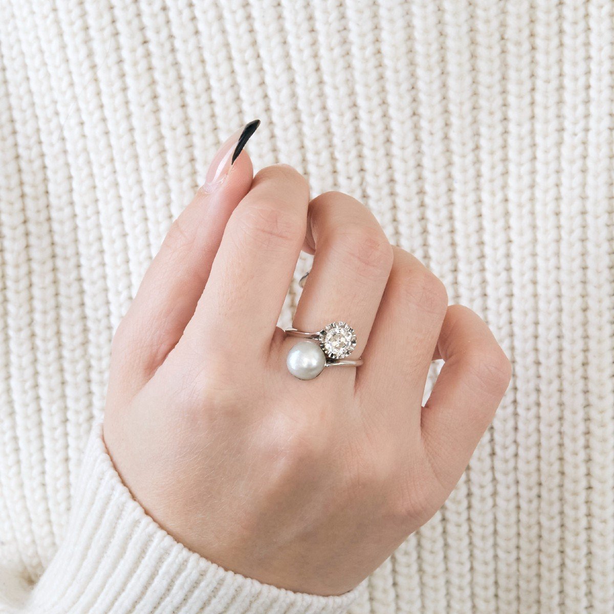 Bague Toi et Moi en or blanc, perle, et diamant - Castafiore