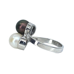 Bague Toi et moi en or blanc, perle tahiti et perle blanche - Castafiore