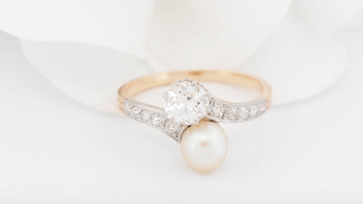 Bague Toi et Moi en or jaune, diamants et perle de culture - Castafiore