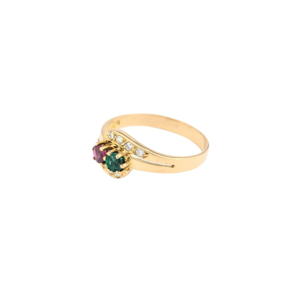 Bague Toi et Moi en or jaune, émeraude, rubis et diamants - Castafiore