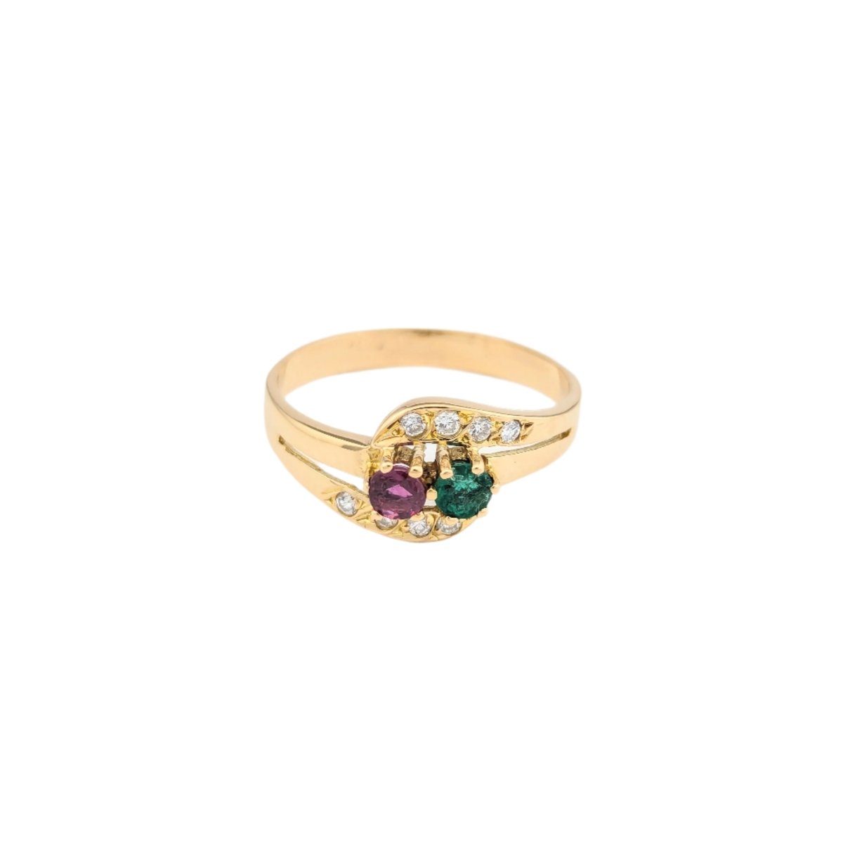 Bague Toi et Moi en or jaune, émeraude, rubis et diamants - Castafiore