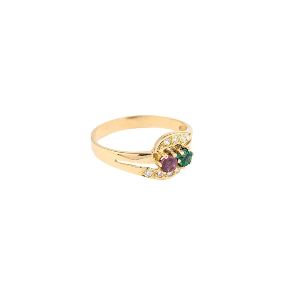 Bague Toi et Moi en or jaune, émeraude, rubis et diamants - Castafiore