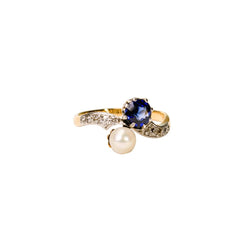Bague Toi et Moi en or jaune, platine, saphir, perle de culture, et diamants - Castafiore