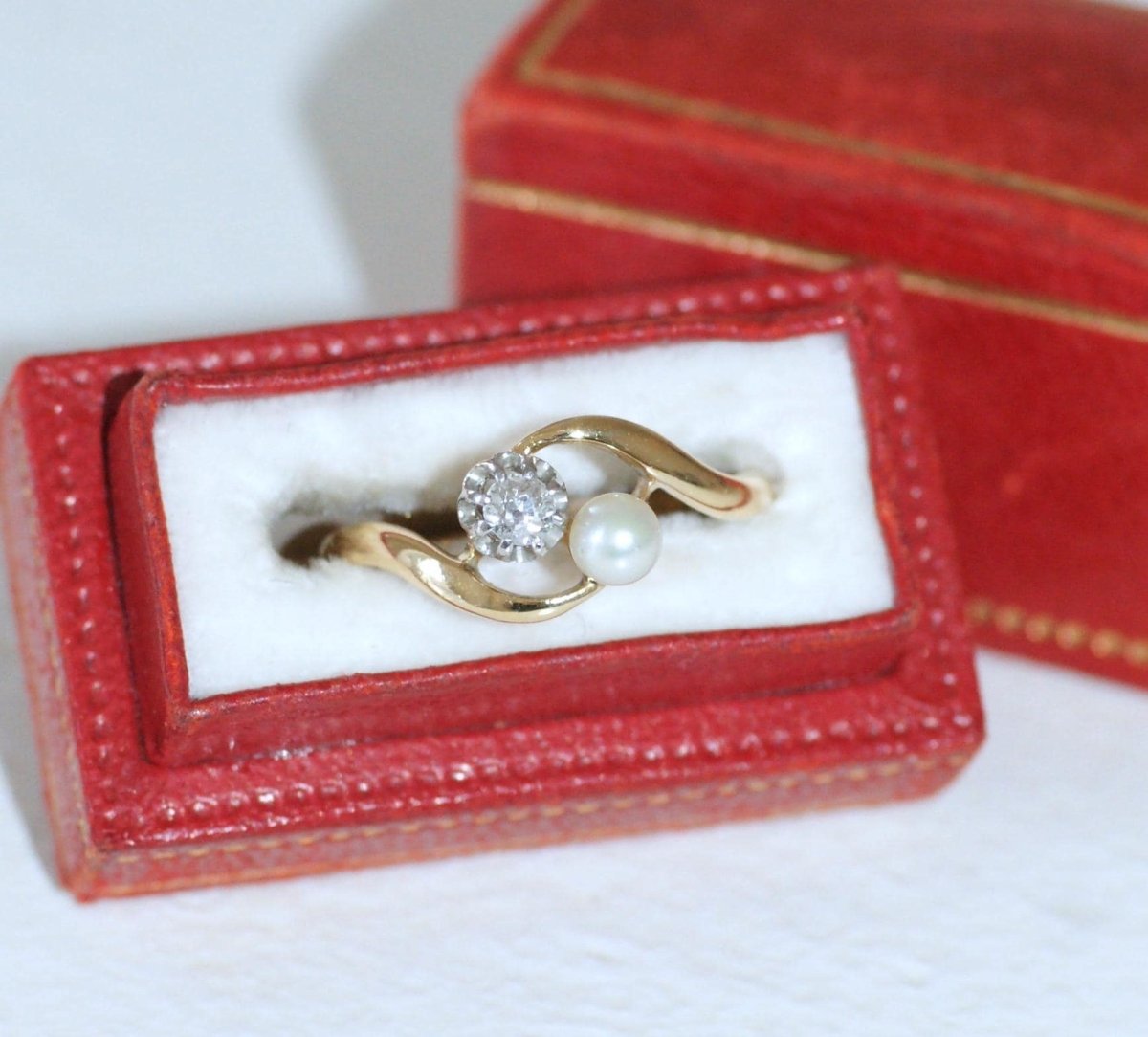 Bague Toi et Moi en Or Platine Perle et Diamant - Castafiore
