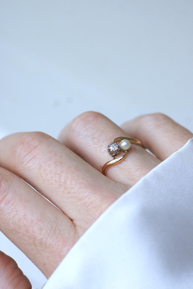 Bague Toi et Moi en Or Platine Perle et Diamant - Castafiore