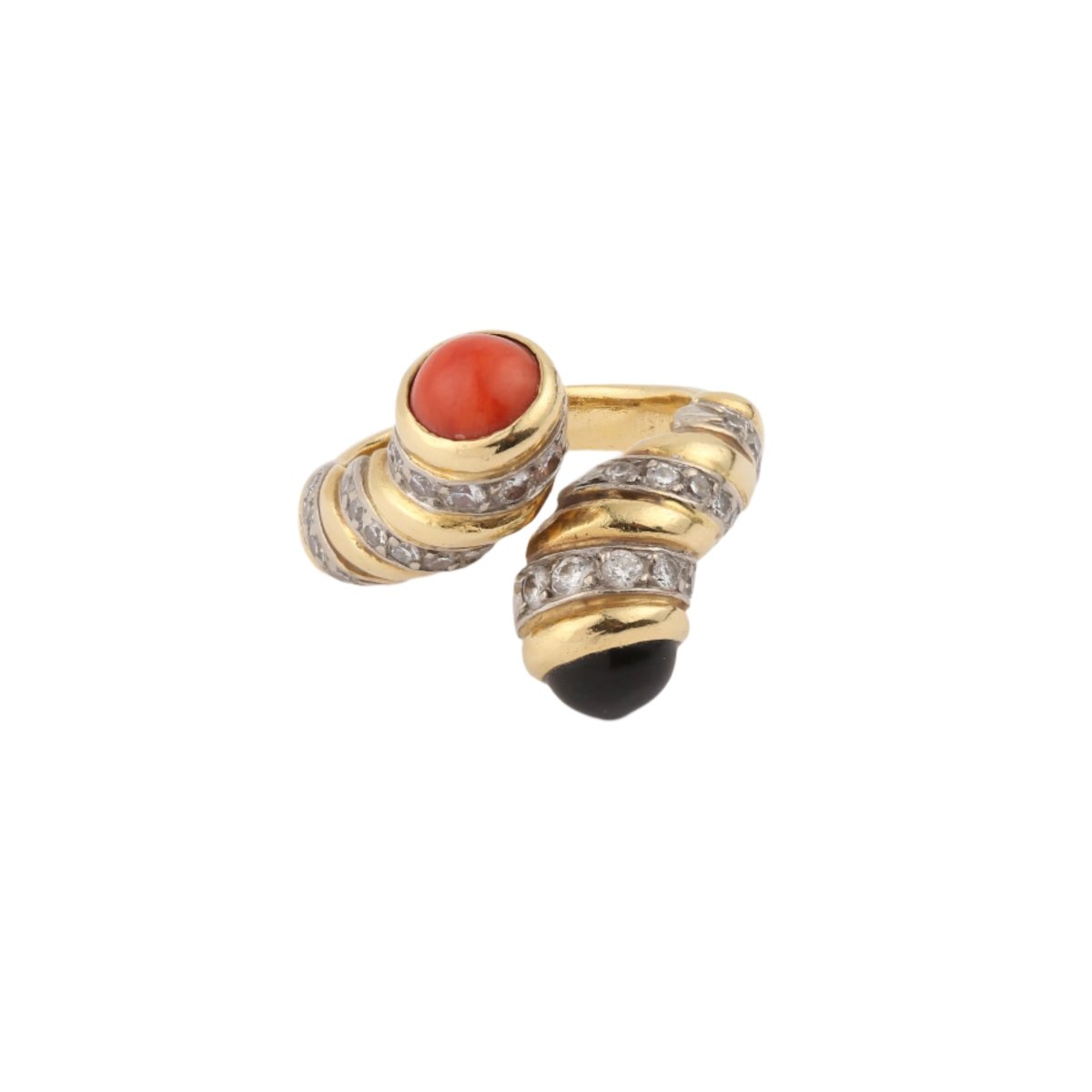 Bague Toi et Moi Kutchinsky en or jaune, corail, onyx et diamants - Castafiore