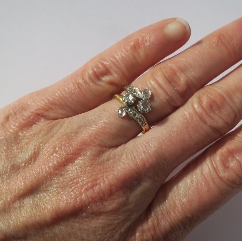 Bague Toi et Moi XIXe Volutes Diamants or et platine - Castafiore