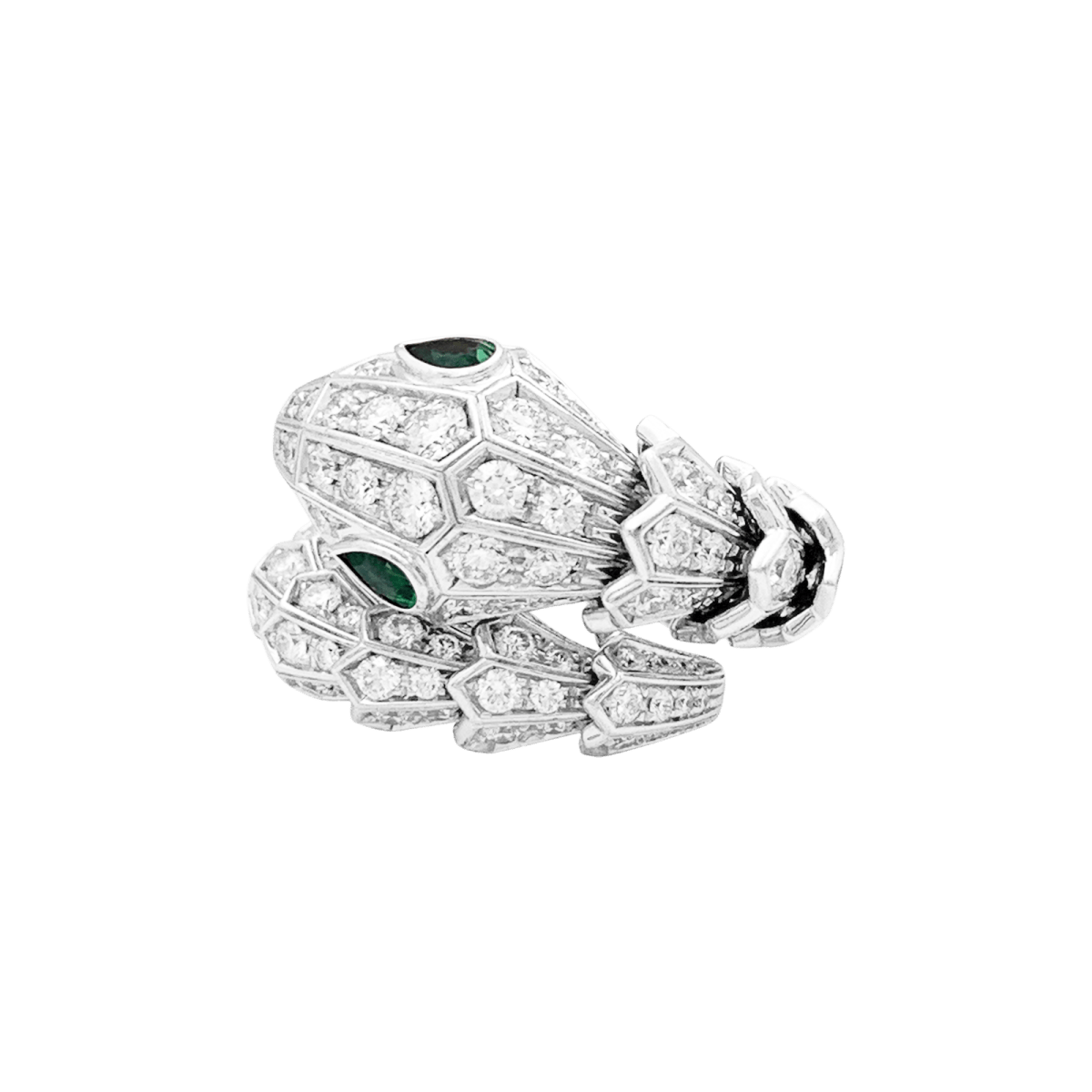 Bague Toi & Moi BULGARI "Serpenti", en or blanc, émeraudes et diamants - Castafiore