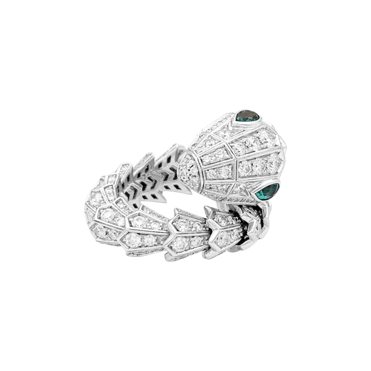 Bague Toi & Moi BULGARI "Serpenti", en or blanc, émeraudes et diamants - Castafiore