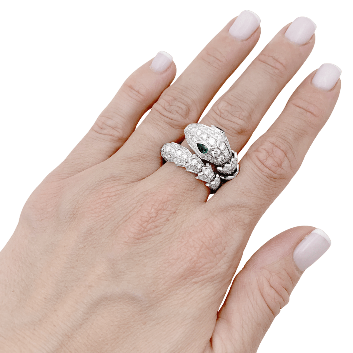 Bague Toi & Moi BULGARI "Serpenti", en or blanc, émeraudes et diamants - Castafiore
