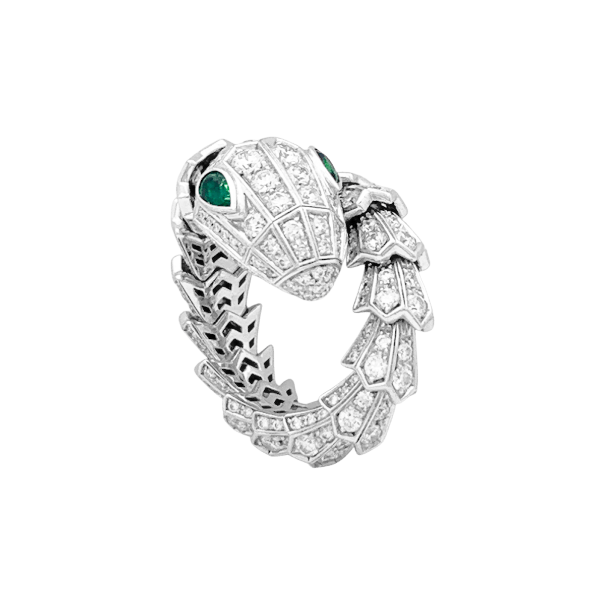 Bague Toi & Moi BULGARI "Serpenti", en or blanc, émeraudes et diamants - Castafiore