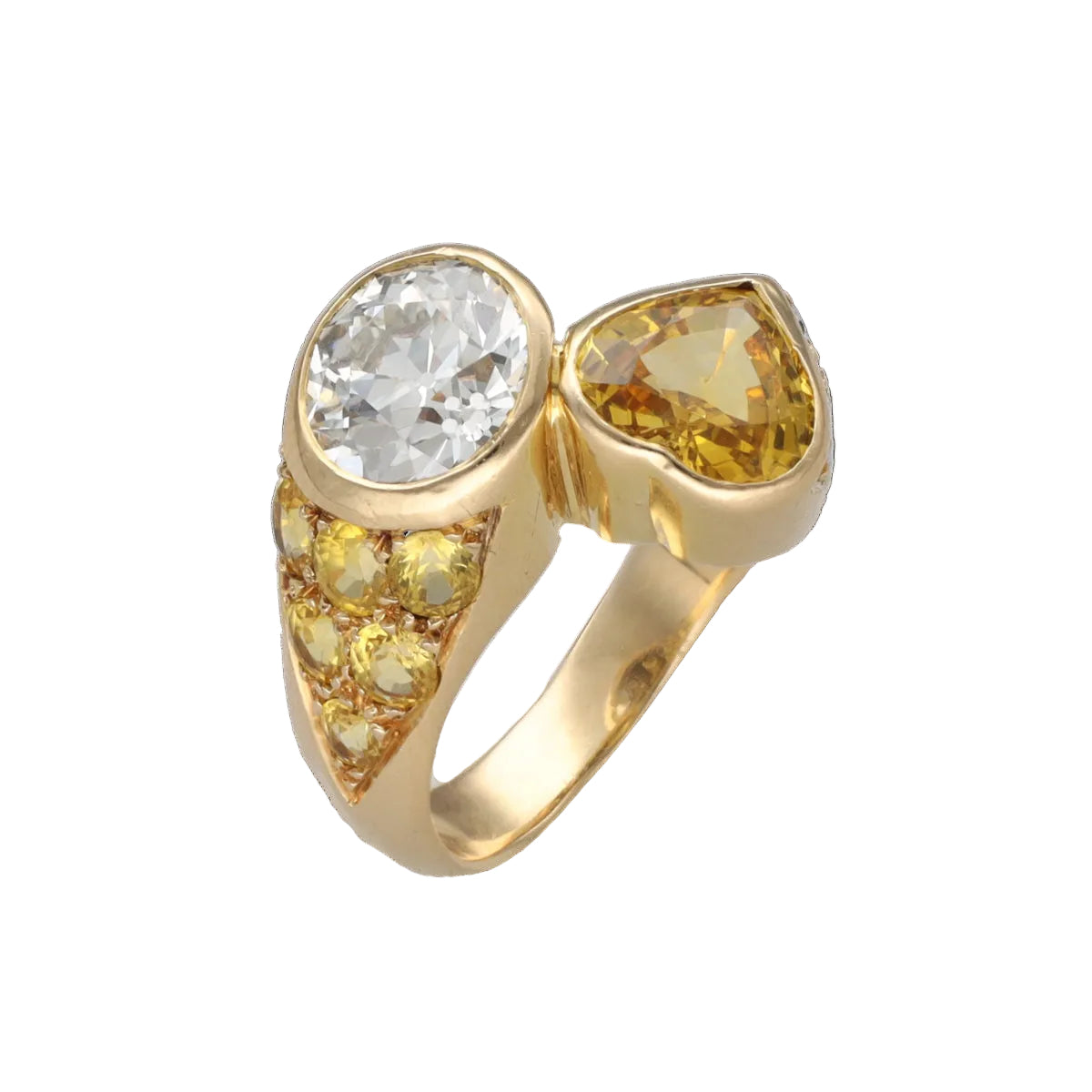 Ring You & Me - diamond 1.80 ct & Heart Yellow Sapphire 2.00 ct - 18k Yellow Gold - Entourage diamonds & Sapphires - Size 52-53