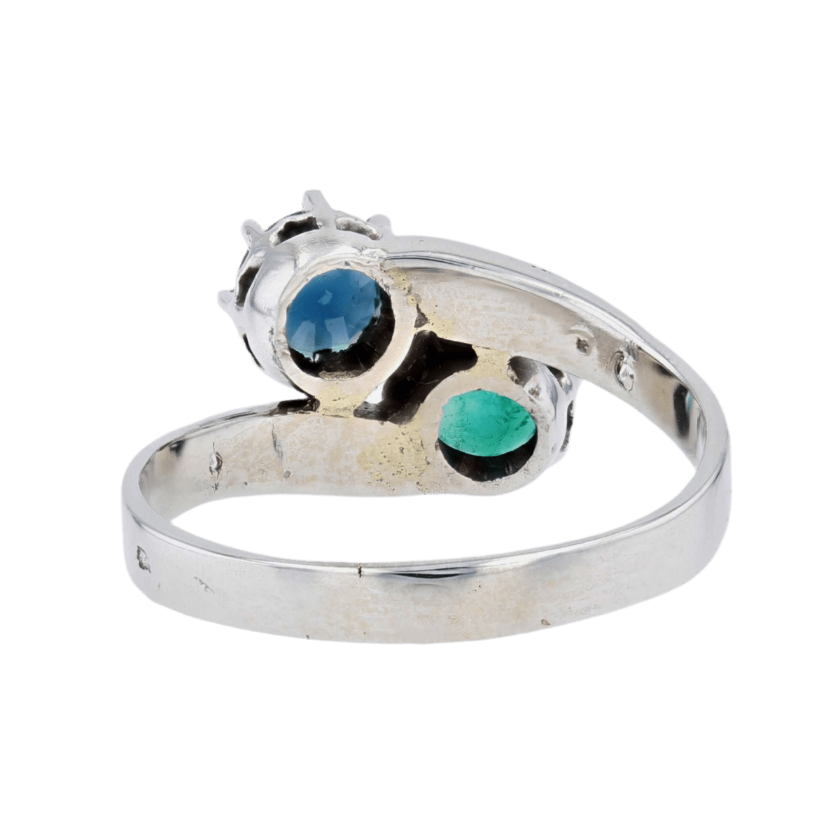 Bague Toi & Moi en or blanc, émeraude, saphir et diamants - Castafiore