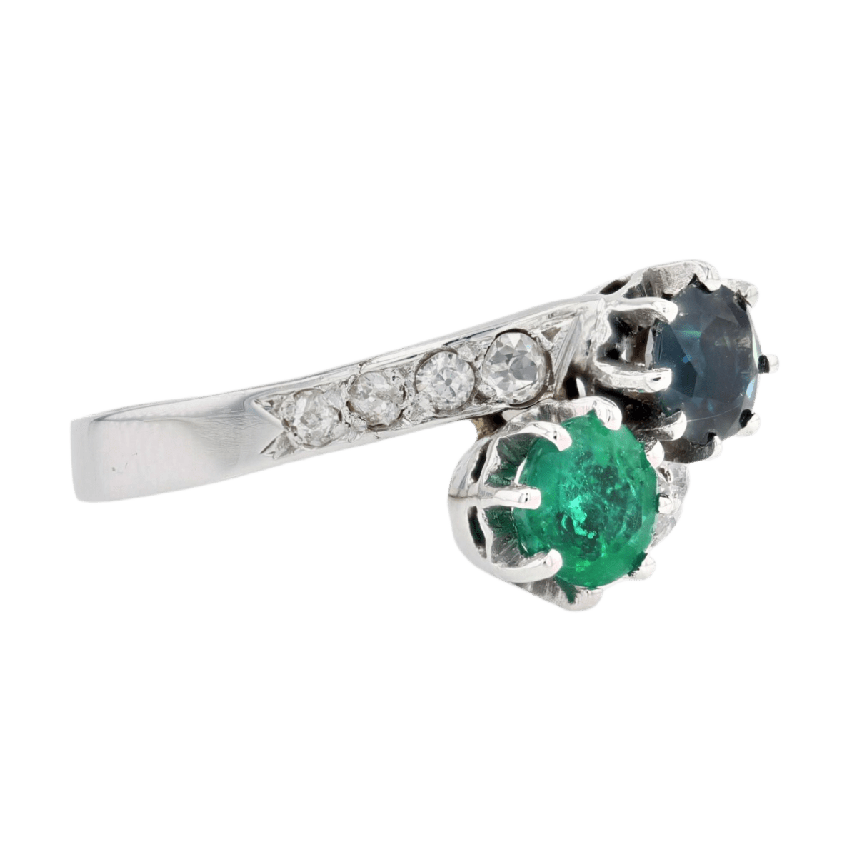 Bague Toi & Moi en or blanc, émeraude, saphir et diamants - Castafiore