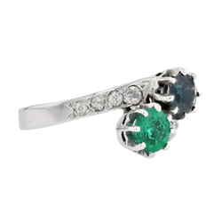 Bague Toi & Moi en or blanc, émeraude, saphir et diamants - Castafiore