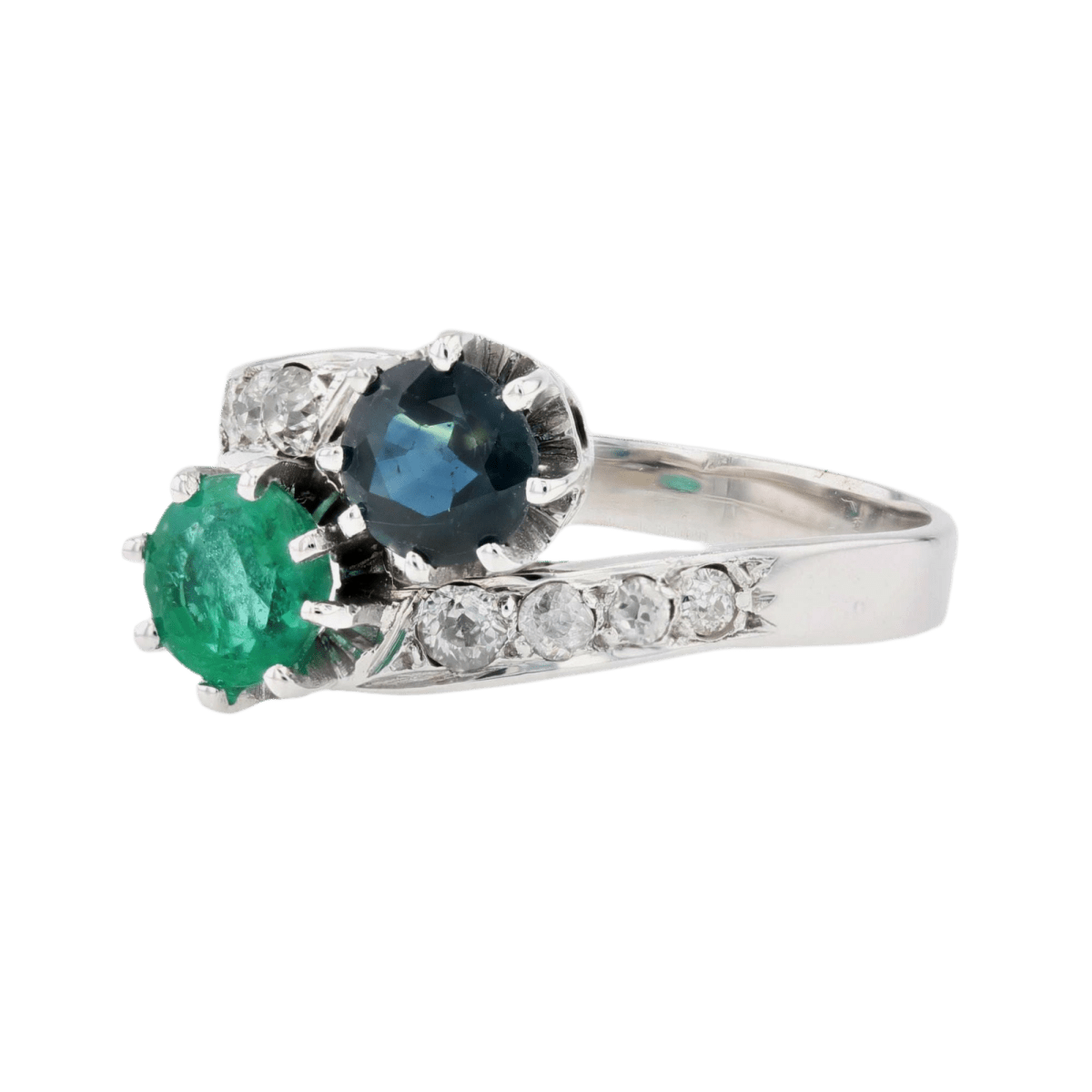 Bague Toi & Moi en or blanc, émeraude, saphir et diamants - Castafiore