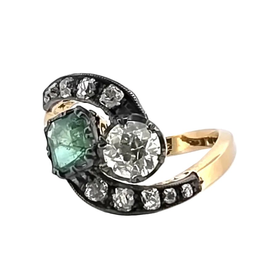 Bague Toi & Moi en or jaune, argent, émeraude et diamants - Castafiore